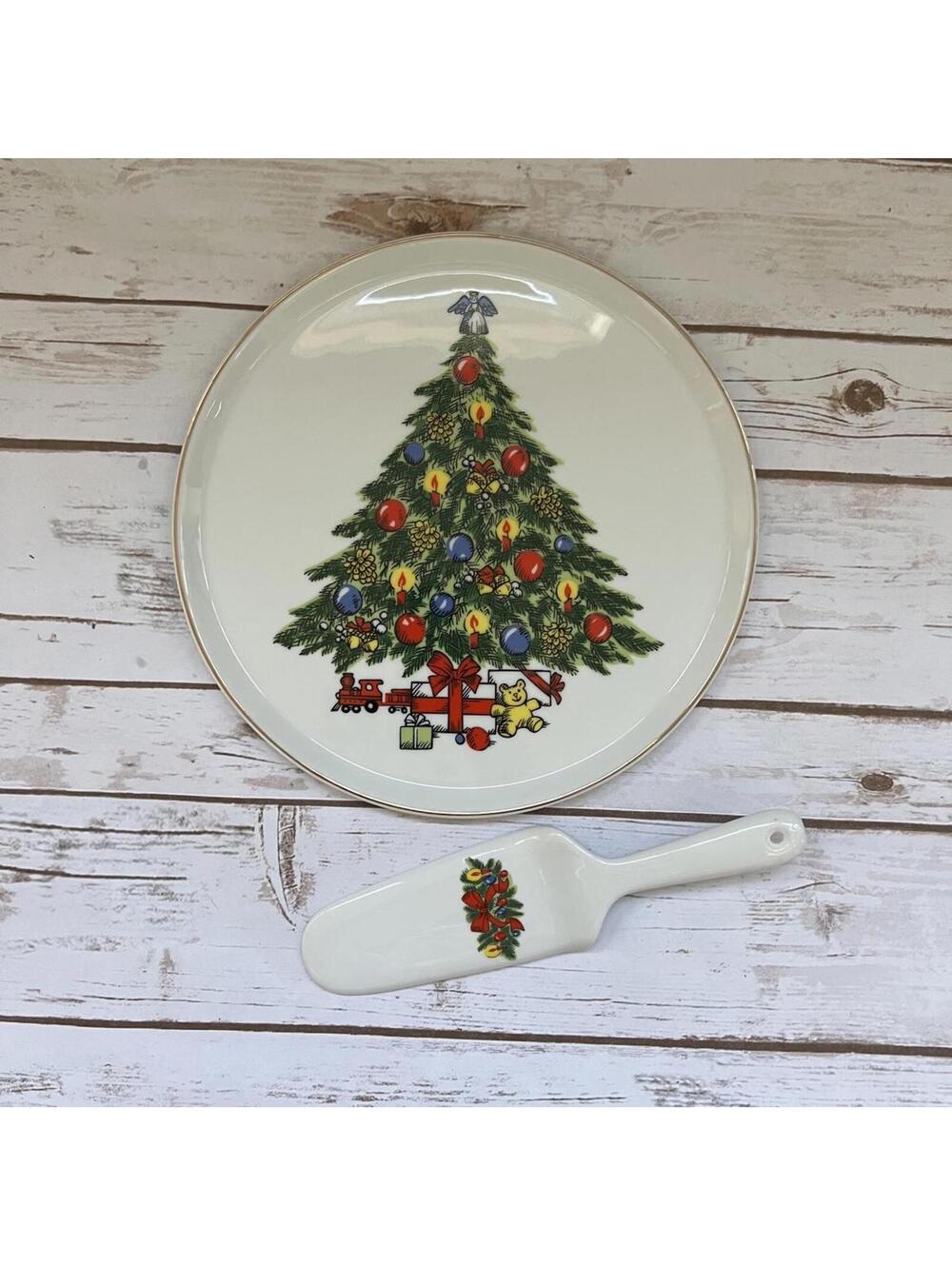 Christmas Treasure Fine Porcelain Serving Plate w Gold Trim & Server